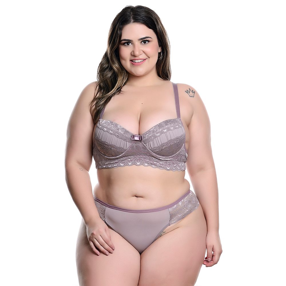 Conjunto Plus Size Modelo Fio Duplo em Microfibra com Detalhes Rendados no Bojo e Lacinho Hot Love