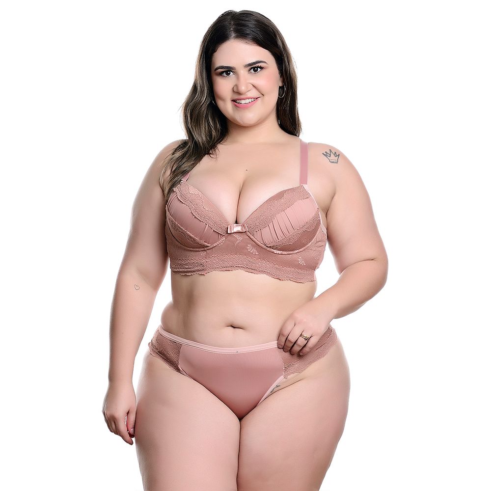 Conjunto Plus Size Modelo Fio Duplo em Microfibra com Detalhes Rendados no Bojo e Lacinho Hot Love