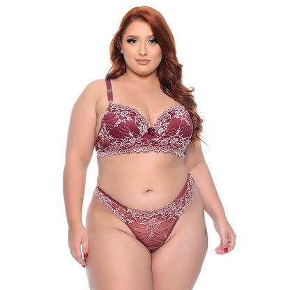 Conjunto Bicolor com Detalhes em Renda Colorida e Lacinho Plus Size Meu Mundo M