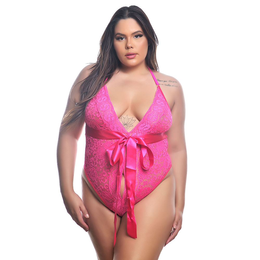 Body Luxo Plus Size em Renda com Fita de Cetim Pimenta Sexy