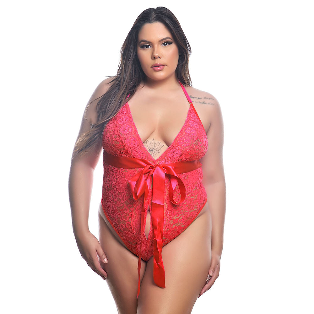 Body Luxo Plus Size em Renda com Fita de Cetim Pimenta Sexy