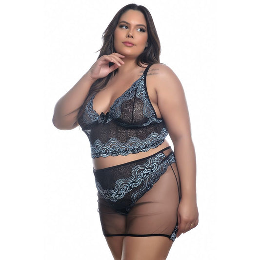 Conjunto Plus Size com Sainha em Tule com Detalhes em Renda Bicolor