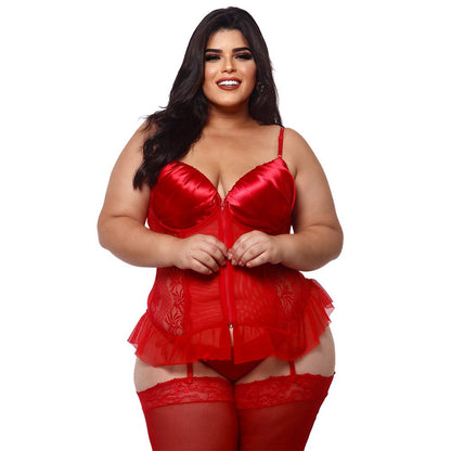 Espartilho Plus Size com Detalhes em Cetim e Renda com Zíper Frontal Macler