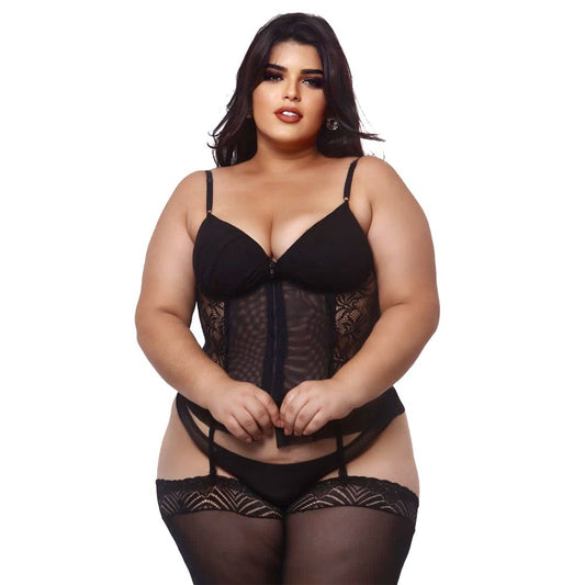 Espartilho Plus Size em Tule com Detalhes em Renda e Zíper Frontal Macler