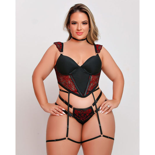 Conjunto Crooped Plus Size com Calcinha Stringer Alça Liga e Chocker Coleção Fetiche Dy Girl