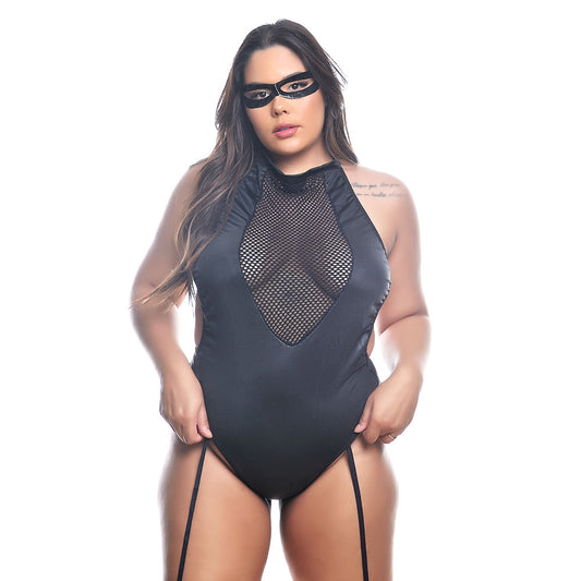 Fantasia Body Tiazinha com Liga e Detalhes em Arrastão Pimenta Sexy