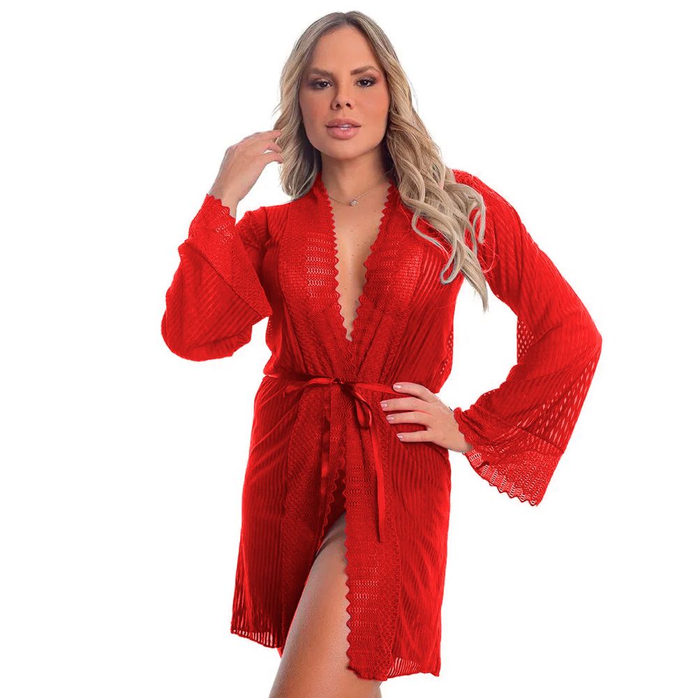 Robe Listrado Franciele com Detalhes em Renda Patitex