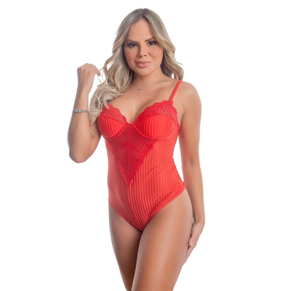 Body Listrado Valentina com Detalhes em Renda Patitex