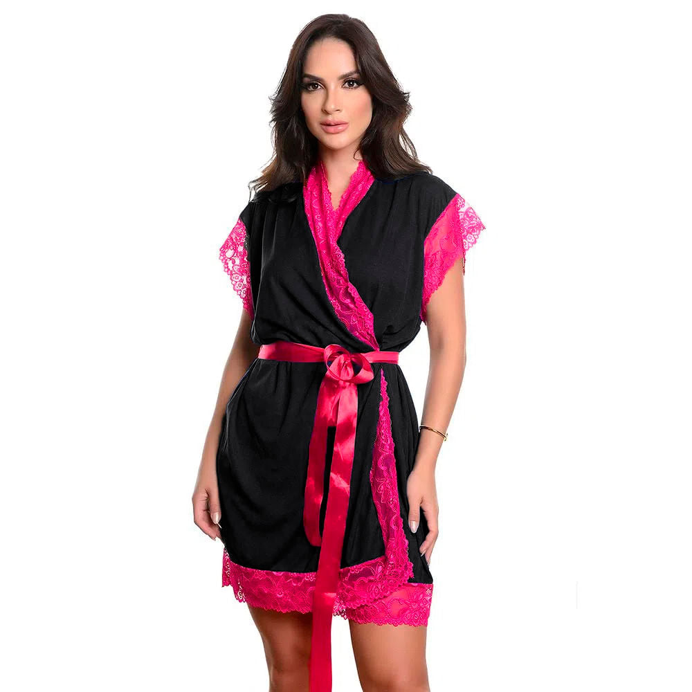 Robe Manga Curta em Microdry com Detalhes Rendados Hot Love