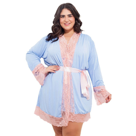 Robe Manga Longa Plus Size com Detalhes em Renda Hot Love