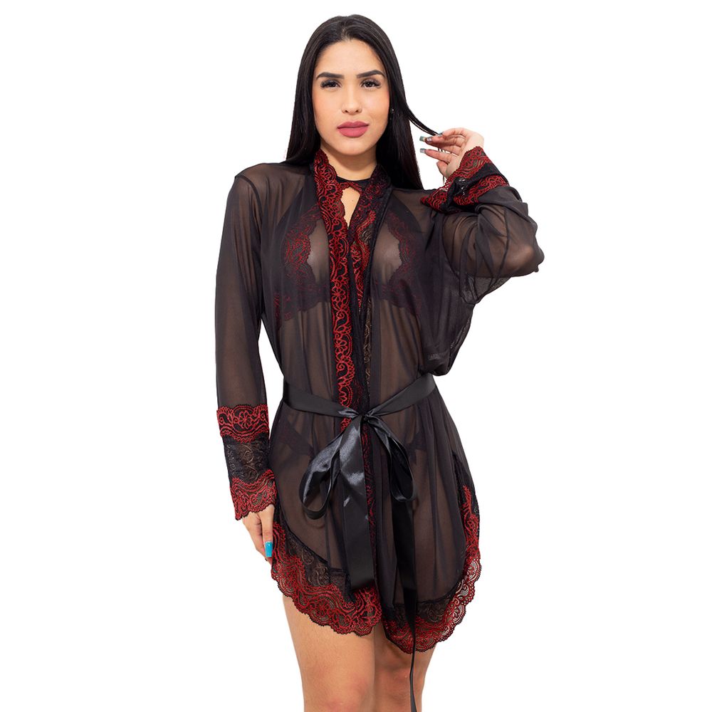 Robe Flare Manga Longa em Tule com Detalhes em Renda Hot Love