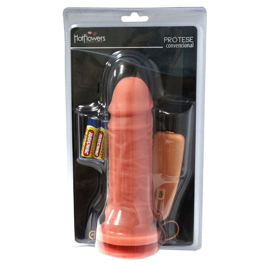 Prótese com Ventosa Vibrador Externo e Pilhas 17cm  Hot Flowers